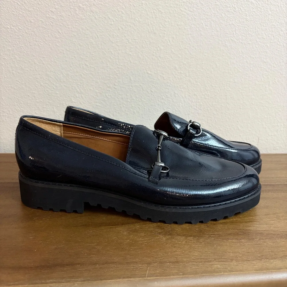 Franco Sarto Cason Loafers Size 11 Navy Blue Patent Horse Bit Lug Dark Academia